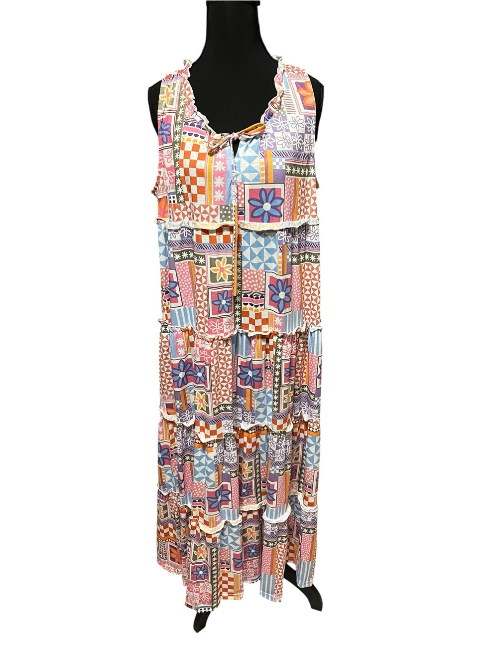 Patchwork Floral Tiered Maxi Dress - Multicolor Size Large - Picture 2 of 6